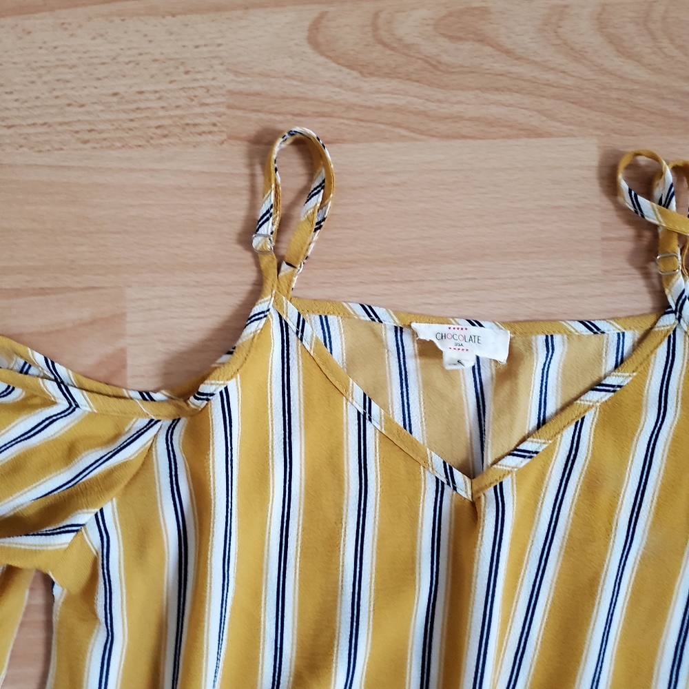 BNWOT chocolate blue mustard yellow striped cold shoulder blouse top small - Picture 2 of 5